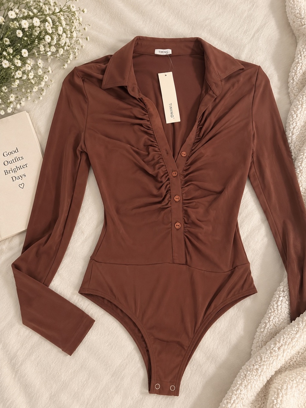 Timing Chocolate Brown Long-Sleeve Ruched Button Bodysuit